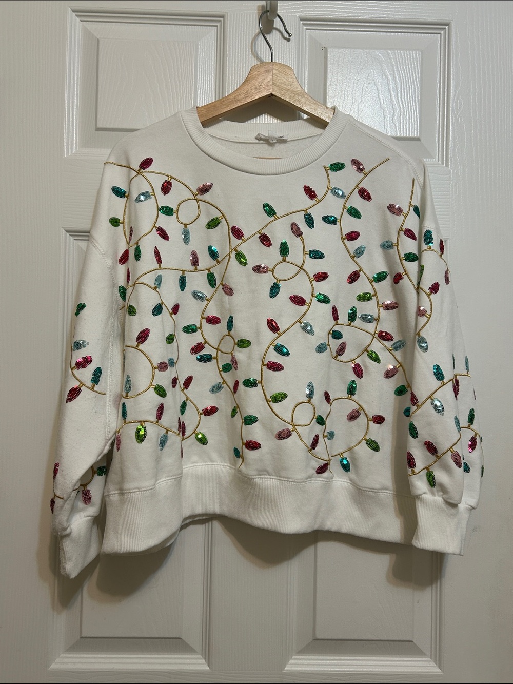 Mary Square Sequin Holiday Light White Sweatshirt Lg